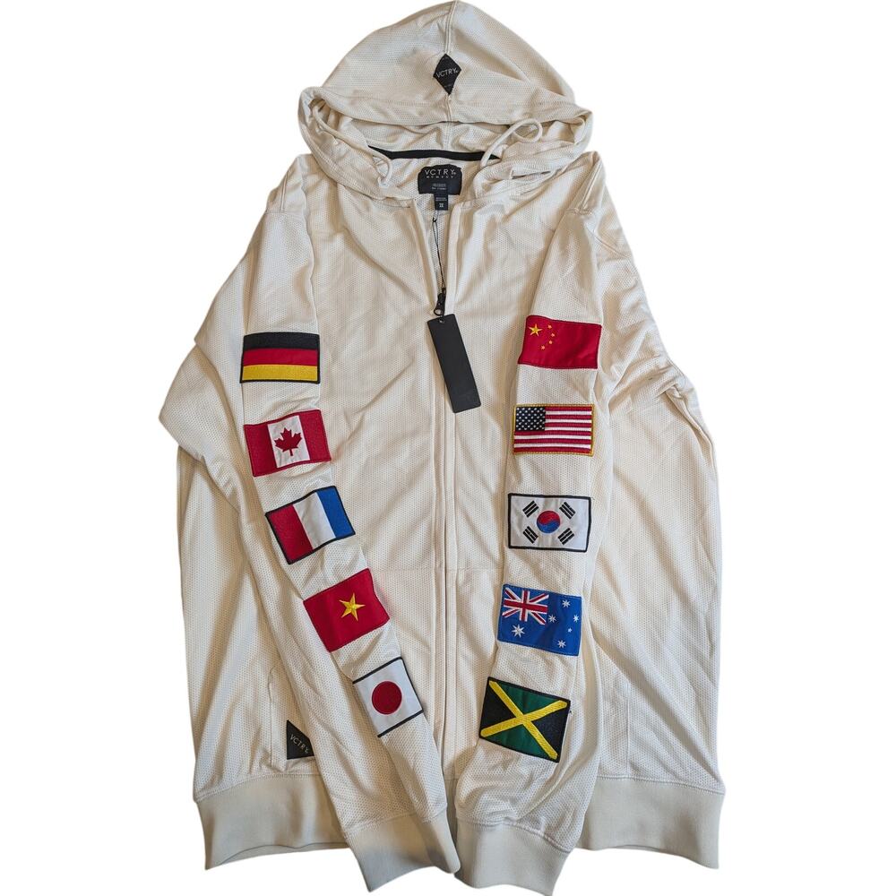 10-Deep VCTRY Flag Waffle Knit Zip Up Hoodie Cream Off-White Men's Size 2XL